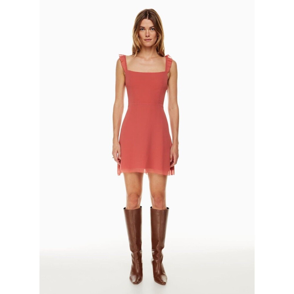 Aritzia Wilfred Fete Dress Size 12 Rosy Red Ruffle Sleeve Mini - Picture 2 of 16